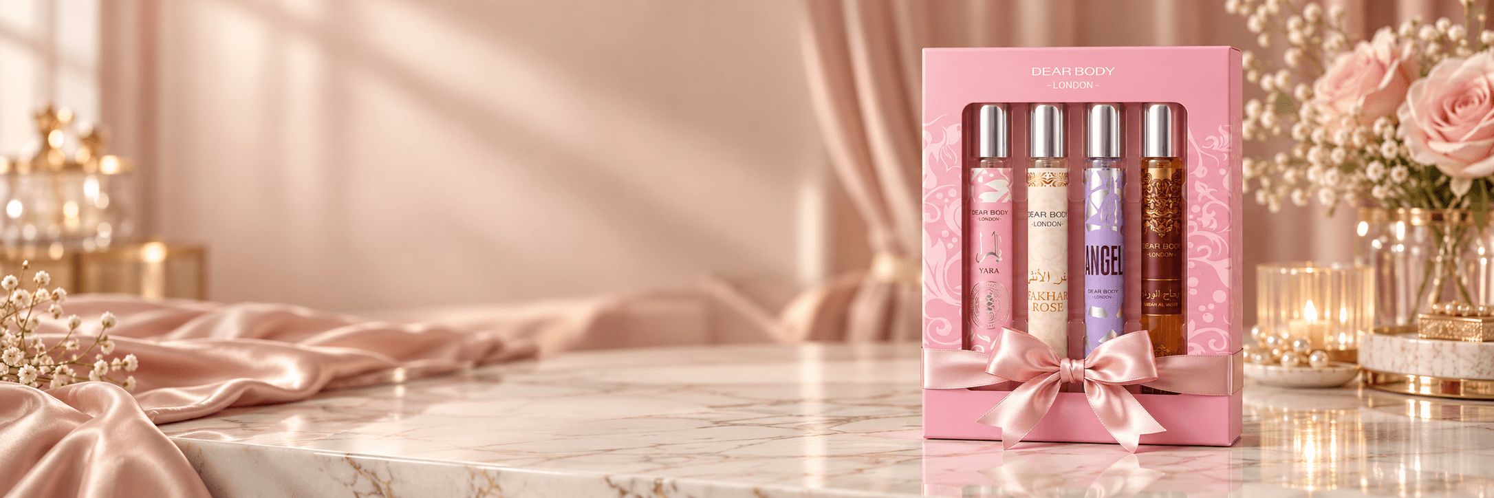 Kit presenteável com quatro fragrâncias Dear Body London em caixa rosa